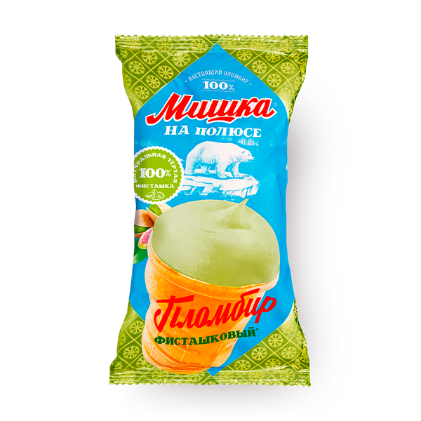 Мороженое пломбир «Мишка на полюсе» фисташка в вафельном стаканчике