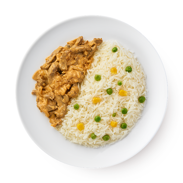 Бефстроганов с рисом и овощами Mfood.kz