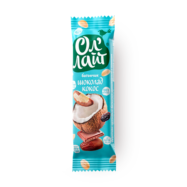 Батончик фруктово-ореховый «Ол'Лайт» шоколад-кокос