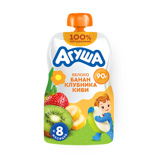 Пюре фруктовое «Агуша» с яблоком, бананом, клубникой и киви, с 8 месяцев