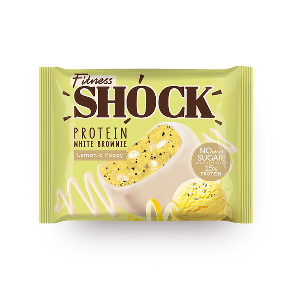 Бисквит протеиновый FitnesShock White brownie лимон и мак в белом шоколаде