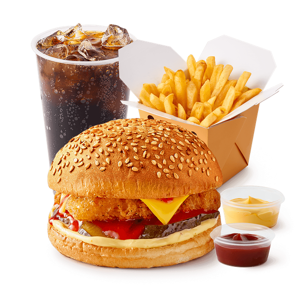 Бургер куриный острый «Из Лавки» + Большая порция Картофель фри с сырным соусом и кетчупом «Из Лавки» + Напиток Лимонад Coca-Cola со льдом «Из Лавки», 370 ml