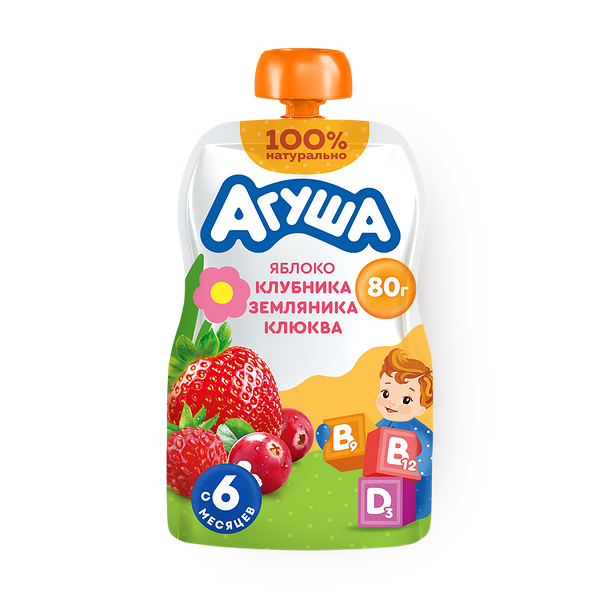 Фруктово-ягодное пюре «Агуша» Укрепляй-ка яблоко-клубника-земляника-клюква, для детей с 6 месяцев