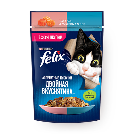 Влажный корм для кошек Felix Двойная вкуснятина лосось и форель в желе