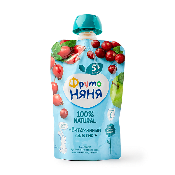 Фруктовое пюре «Фрутоняня» витаминный салатик яблоко-шиповник-клюква
