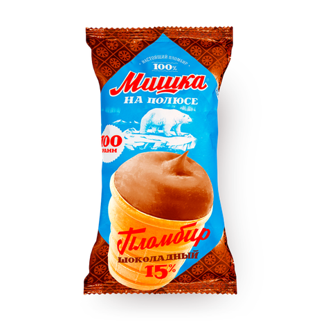 Мороженое пломбир шоколадный «Мишка на полюсе» в вафельном стаканчике