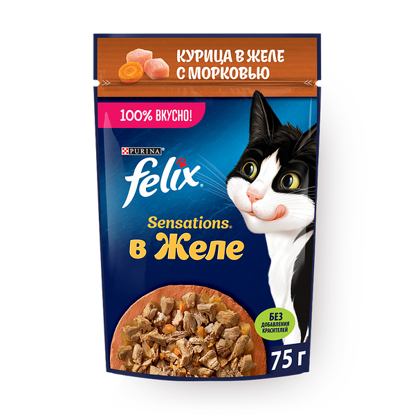 Влажный корм для кошек Felix Sensations курица в желе с морковью
