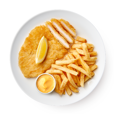 Шницель куриный с картофелем фри и соусом тысяча островов «Из Лавки»