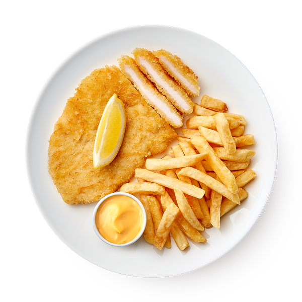 Шницель куриный с картофелем фри и соусом тысяча островов «Из Лавки»