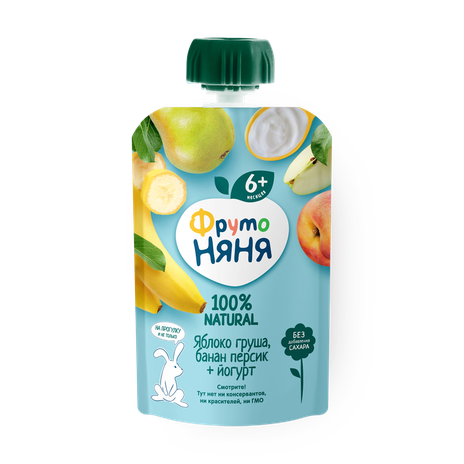 Пюре «ФрутоНяня» яблоко-груша-банан-персик с йогуртом с 6 месяцев