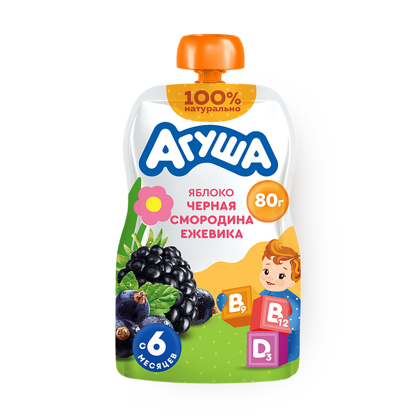 Фруктово-ягодное пюре «Агуша» Укрепляй-ка яблоко-чёрная смородина-ежевика, для детей с 6 месяцев