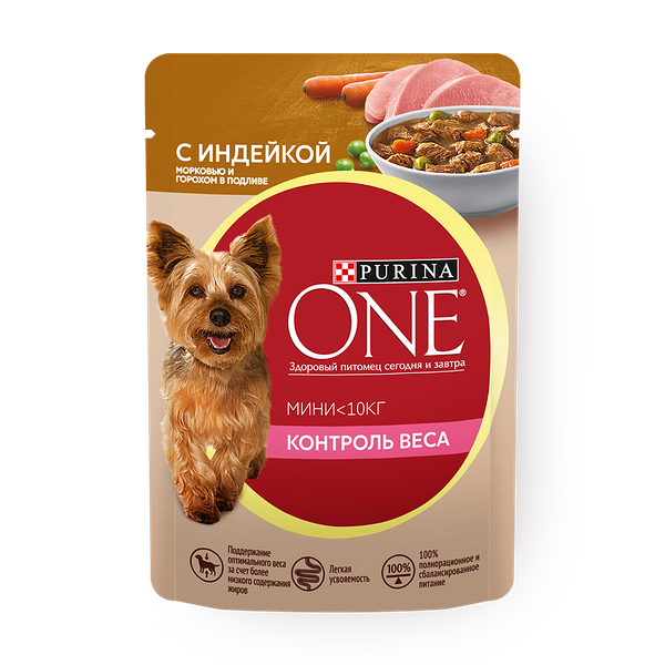 Влажный корм для собак Purina One Mini Контроль веса индейка с морковью и горохом
