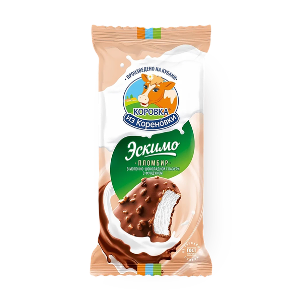 Мороженое пломбир «Коровка из Кореновки» молочный шоколад с фундуком