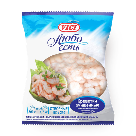 Креветки 150/250 Vici Душа океана очищенные варёно-мороженые