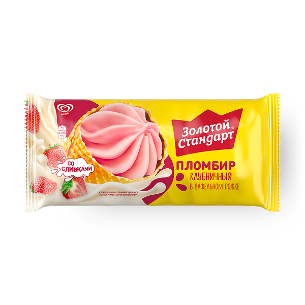 Мороженое пломбир клубничный Золотой Стандарт «Инмарко» большой рожок