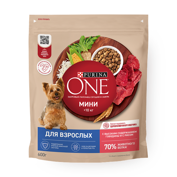 Сухой корм для взрослых собак Purina One Mini говядина и рис