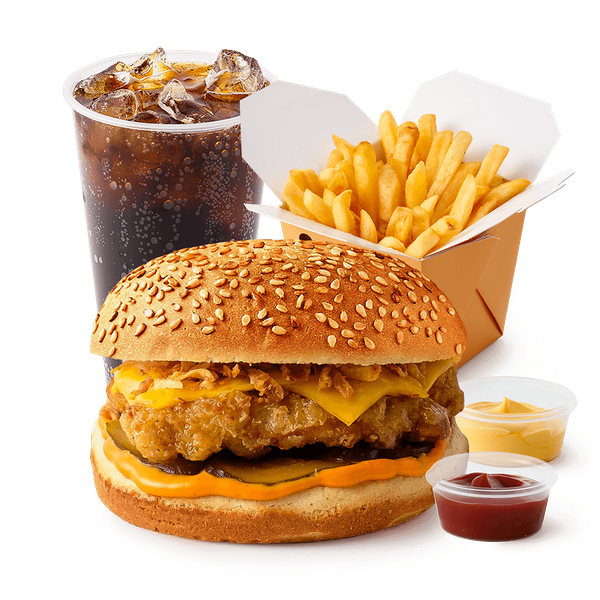 Бургер большой куриный «Из Лавки» + Большая порция Картофель фри с сырным соусом и кетчупом «Из Лавки» + Напиток Лимонад Coca-Cola со льдом «Из Лавки», 370 ml