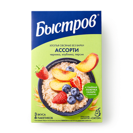 Хлопья овсяные без варки «Быстров» ассорти (черника-клубника-персик) 6 шт