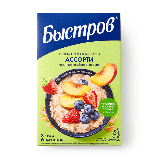 Хлопья овсяные без варки «Быстров» ассорти (черника-клубника-персик) 6 шт