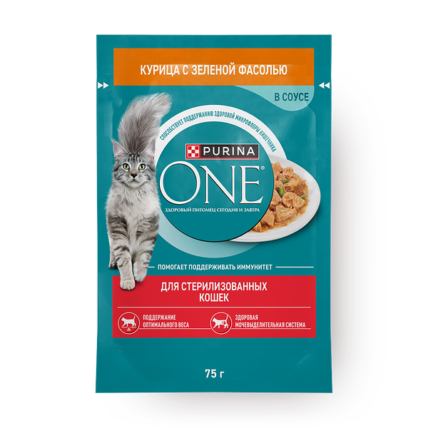 Влажный корм для стерилизованных кошек Purina One с курицей и зелёной фасолью
