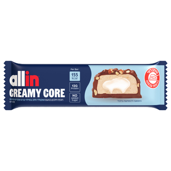 Allin creamy core protein bar, milk chocolate with almond & coconut cream filling