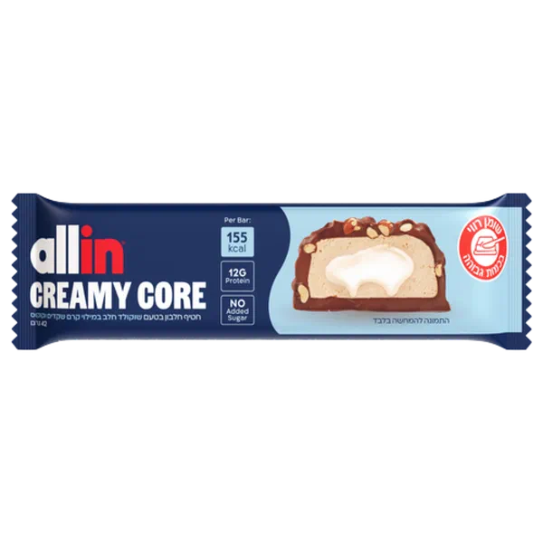 Allin creamy core protein bar, milk chocolate with almond & coconut cream filling