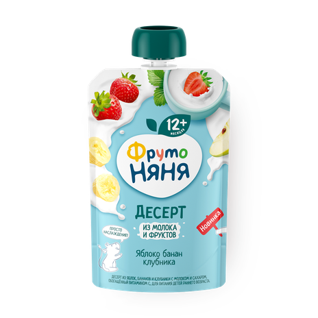 Десерт «Фрутоняня» из яблок, бананов и клубники с молоком и сахаром