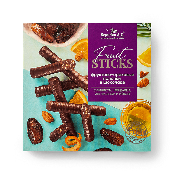 Палочки «Берестов А.С.» с фиником, миндалём, апельсином и мёдом в шоколаде