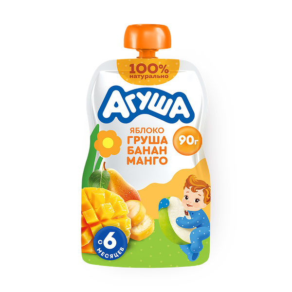 Пюре фруктовое «Агуша» с яблоком, грушей, бананом и манго, с 6 месяцев