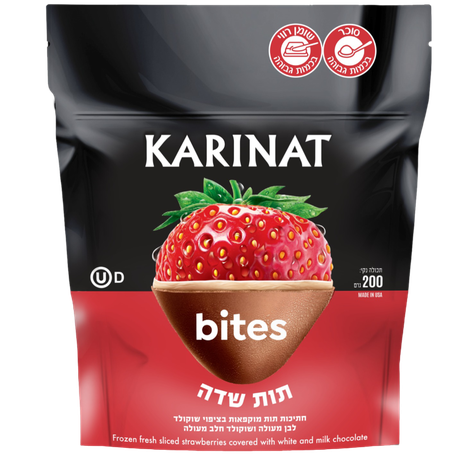 Karinat Bites frozen fresh sliced strawberries covered white and milk chocolate