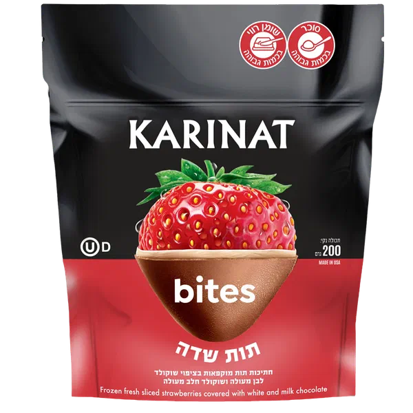 Karinat Bites frozen fresh sliced strawberries covered white and milk chocolate