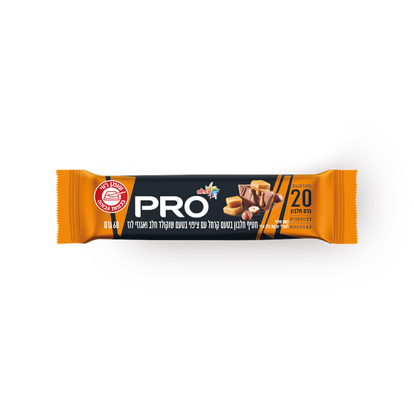 Pro- protein bar snack with caramel flavor coated with chocolate and nuts