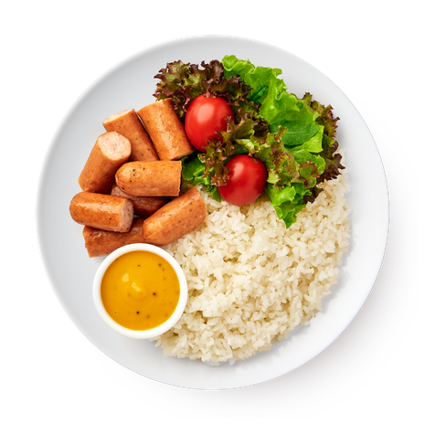 Сосиски с рисом, салатом и медово-горчичным соусом «Из Лавки»