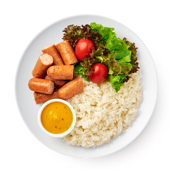 Сосиски с рисом, салатом и медово-горчичным соусом «Из Лавки»