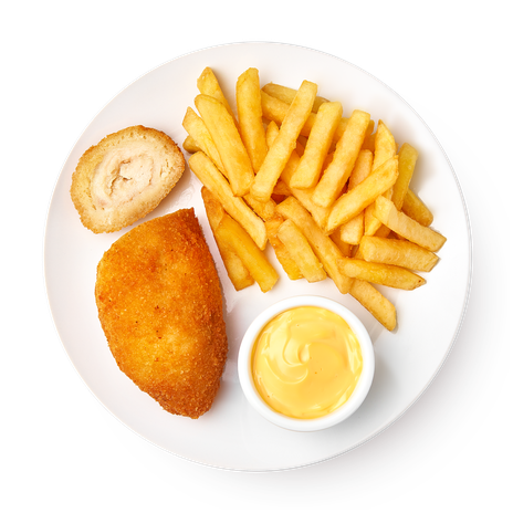 Котлета по-киевски с картофелем фри и сырным соусом «Из Лавки»