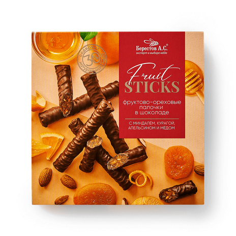 Палочки «Берестов А.С.» с миндалём, курагой, апельсином и мёдом в шоколаде