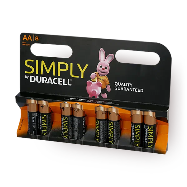 Eight Duracell Simply AA batteries