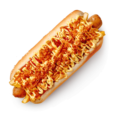 Хот-дог с куриной колбаской, картофелем фри и томатами