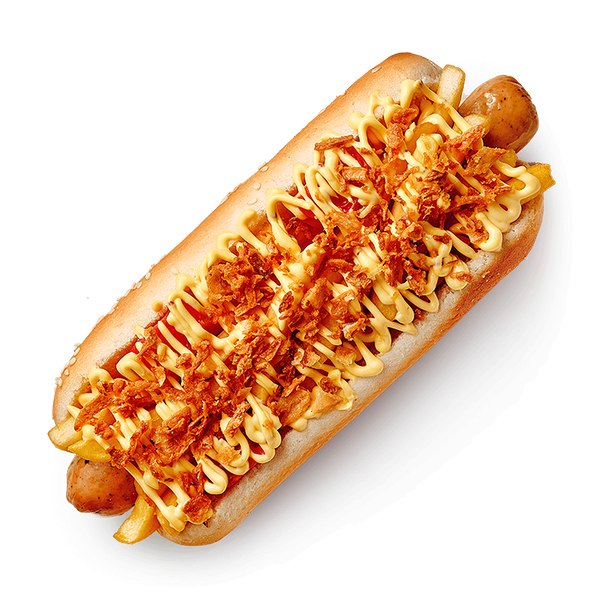 Хот-дог с куриной колбаской, картофелем фри и томатами